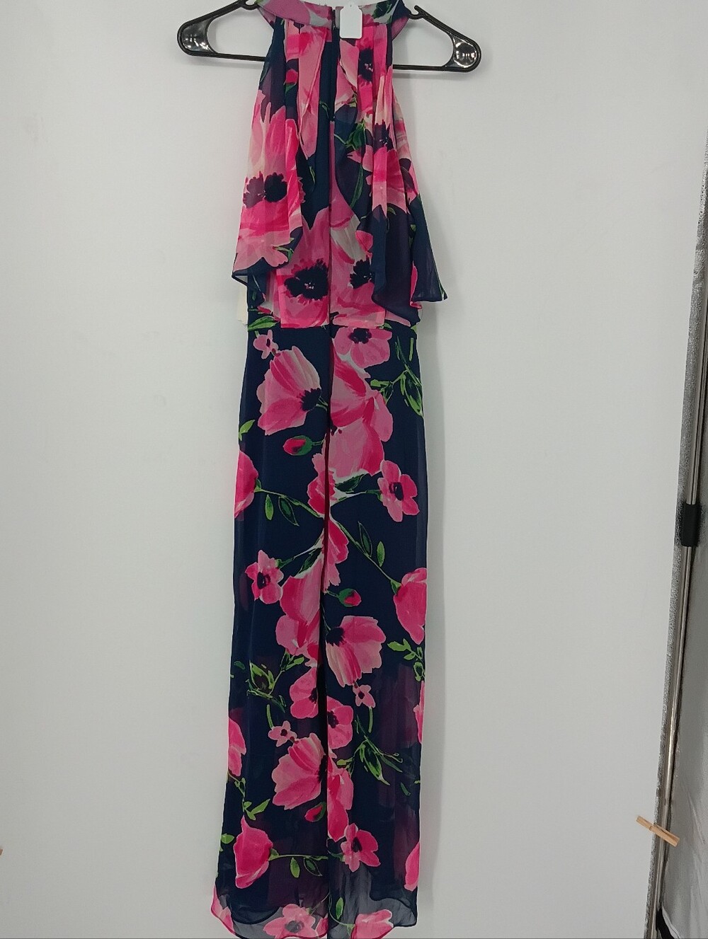 Eliza J Navy Halter Chiffon Maxi Dress w Pink Floral & Ruffle Drop Collar Size 8 - Picture 2 of 6